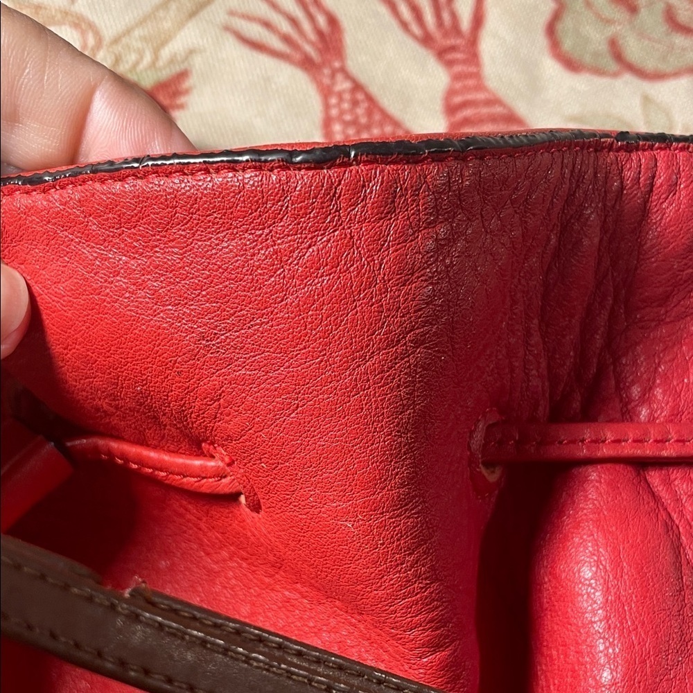 Halston Heritage Red Patchwork Ostrich Pebbled Burgundy Leather Hobo Bucket Bag - Picture 13 of 16